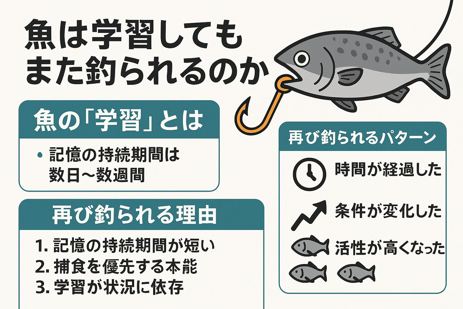 魚は確かに学習しますが、その記憶は人間のように長く持続しません。 さらに、捕食本能や条件依存性、環境要因によって再び釣られることがあります。釣太郎