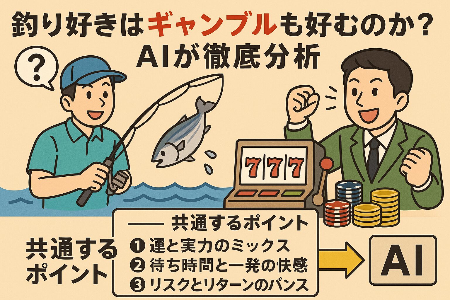 自然相手の釣りと確率相手のギャンブル。 異なる世界に見えて、実は人間の根源的な「スリルを求める本能」でつながっているのです。釣太郎