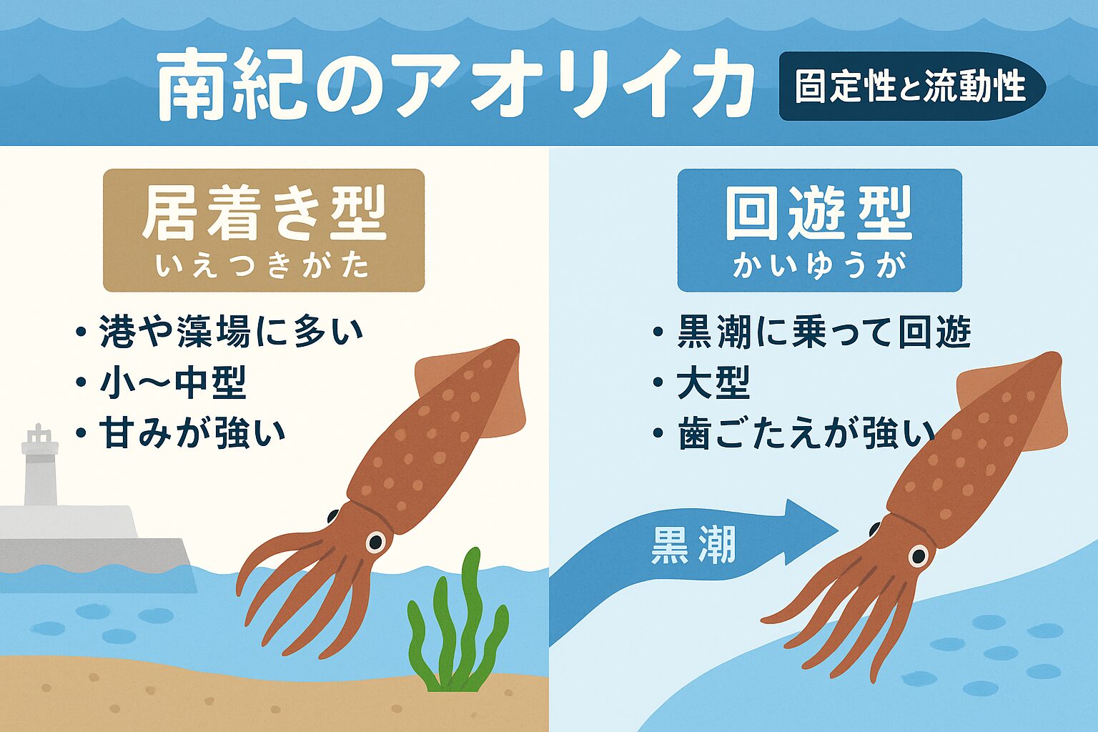 南紀のアオリイカは、居着き型:小〜中型、甘み強く柔らかい。全体の約4割。回遊型:大型、歯ごたえ強めで旨味濃い。全体の約6割。釣太郎