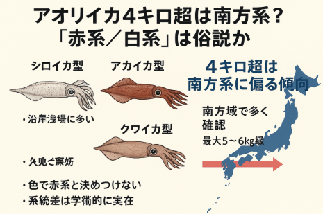 アオリイカ4キロ超は南方系は 傾向として正しい。ただし絶対条件ではありません。「赤系／白系」という呼び分けは 見た目の色では俗説。釣太郎