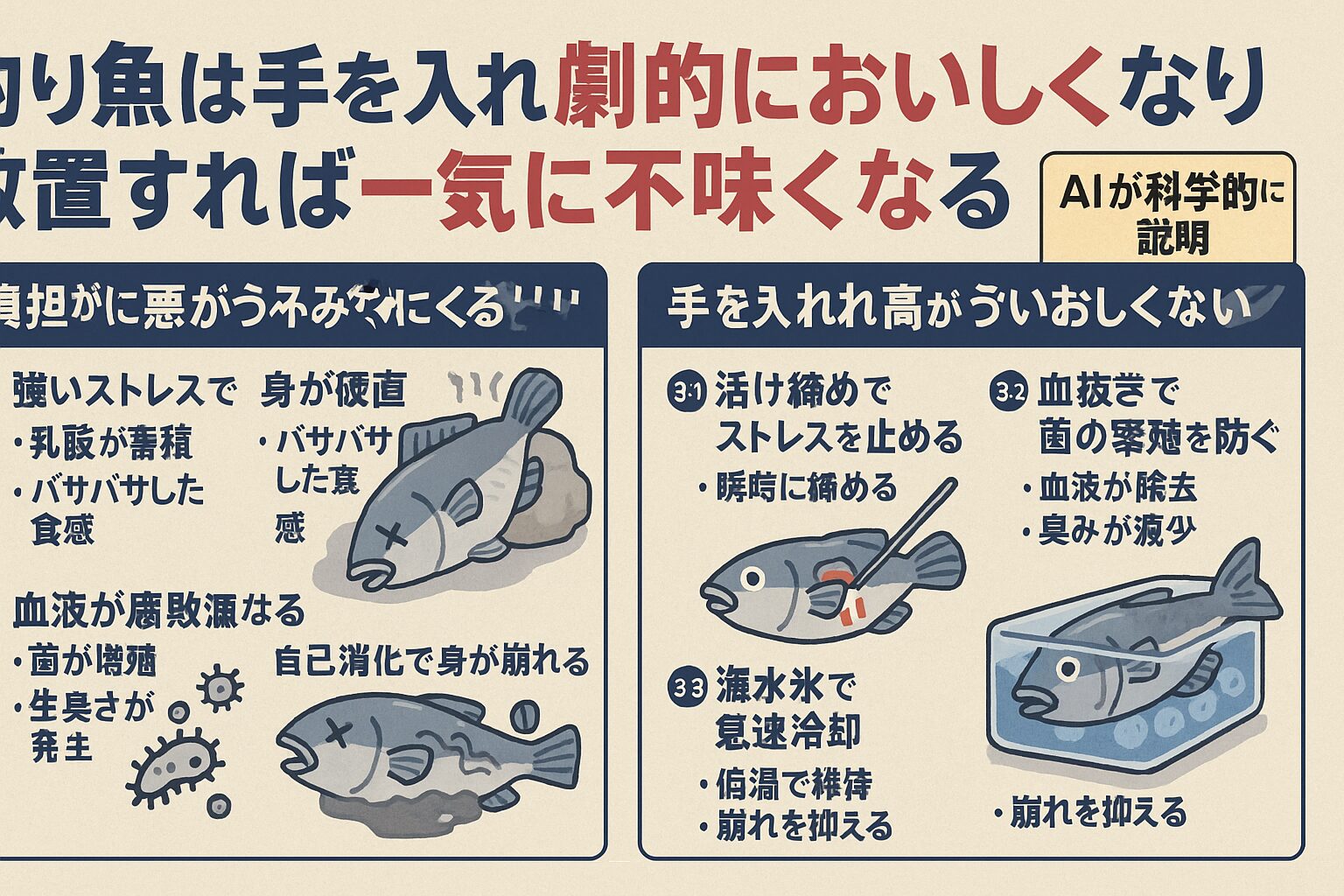 釣り魚は手を入れれば劇的に美味しくなり、放置すれば一気に不味くなる理由をAIが科学的に解説。釣太郎