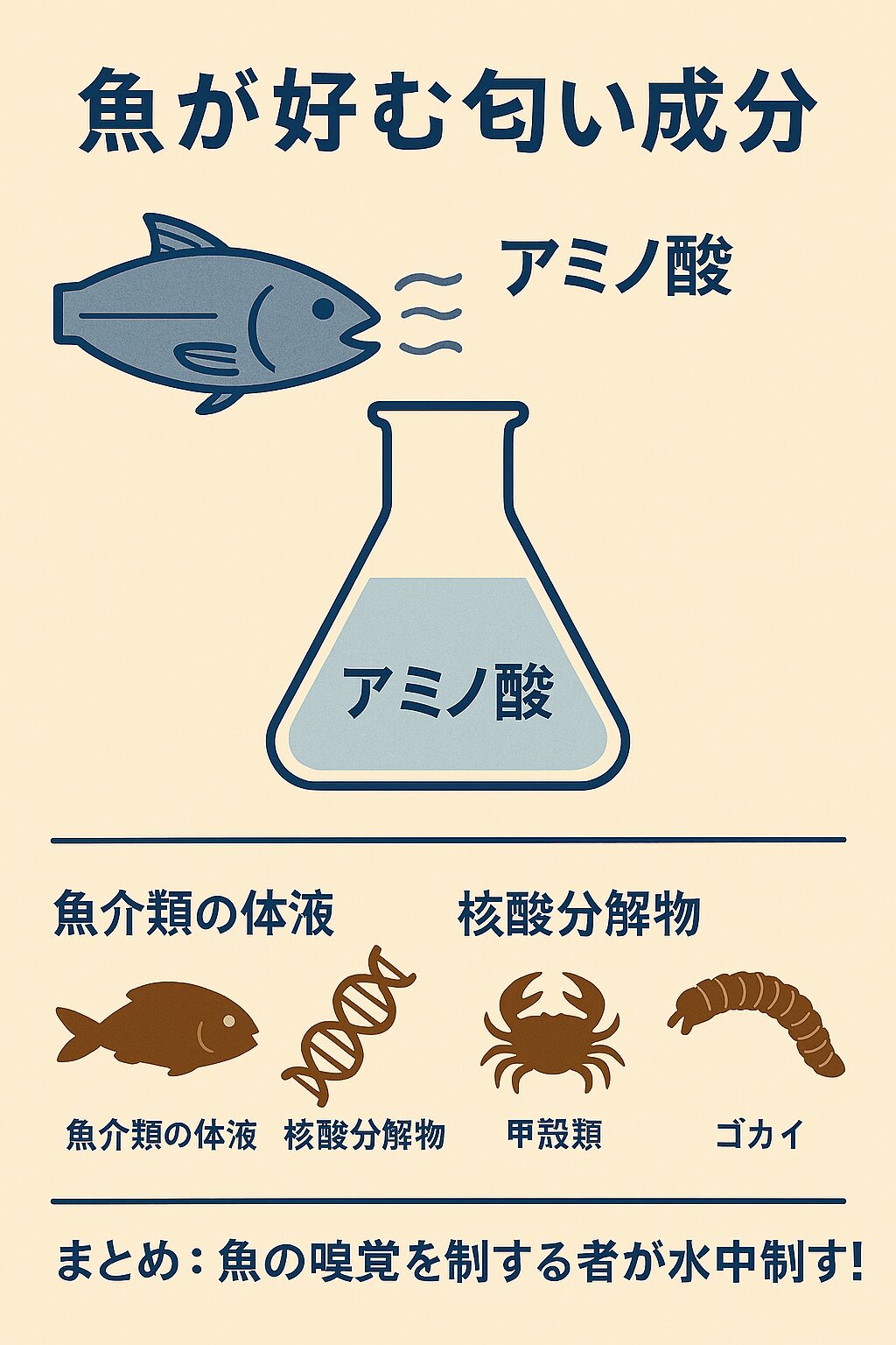 魚が好む匂い成分ランキング、第1位：グルタミン酸（アミノ酸）。釣太郎