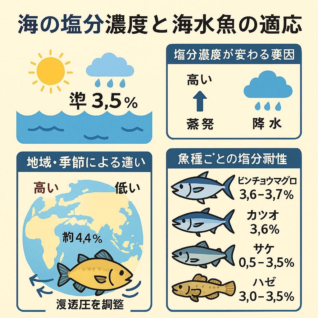 海水の塩分濃度は地域・季節・環境によって変化する。海水魚も魚種によって適応できる塩分濃度が異なる。釣太郎