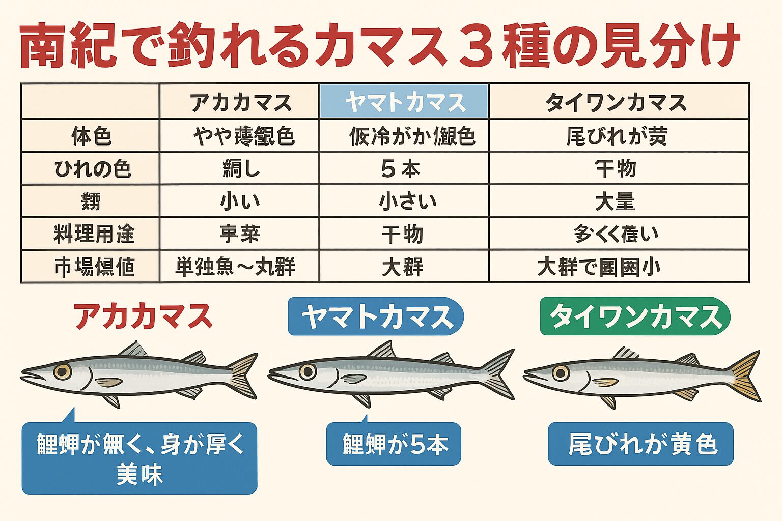 南紀で釣れるカマス３種。アカカマス：高級魚、刺身OK、鰓耙なし。ヤマトカマス：群れで釣れる、干物向き、鰓耙5本。タイワンカマス：尾びれ黄色、鱗大きめ、安価。釣太郎