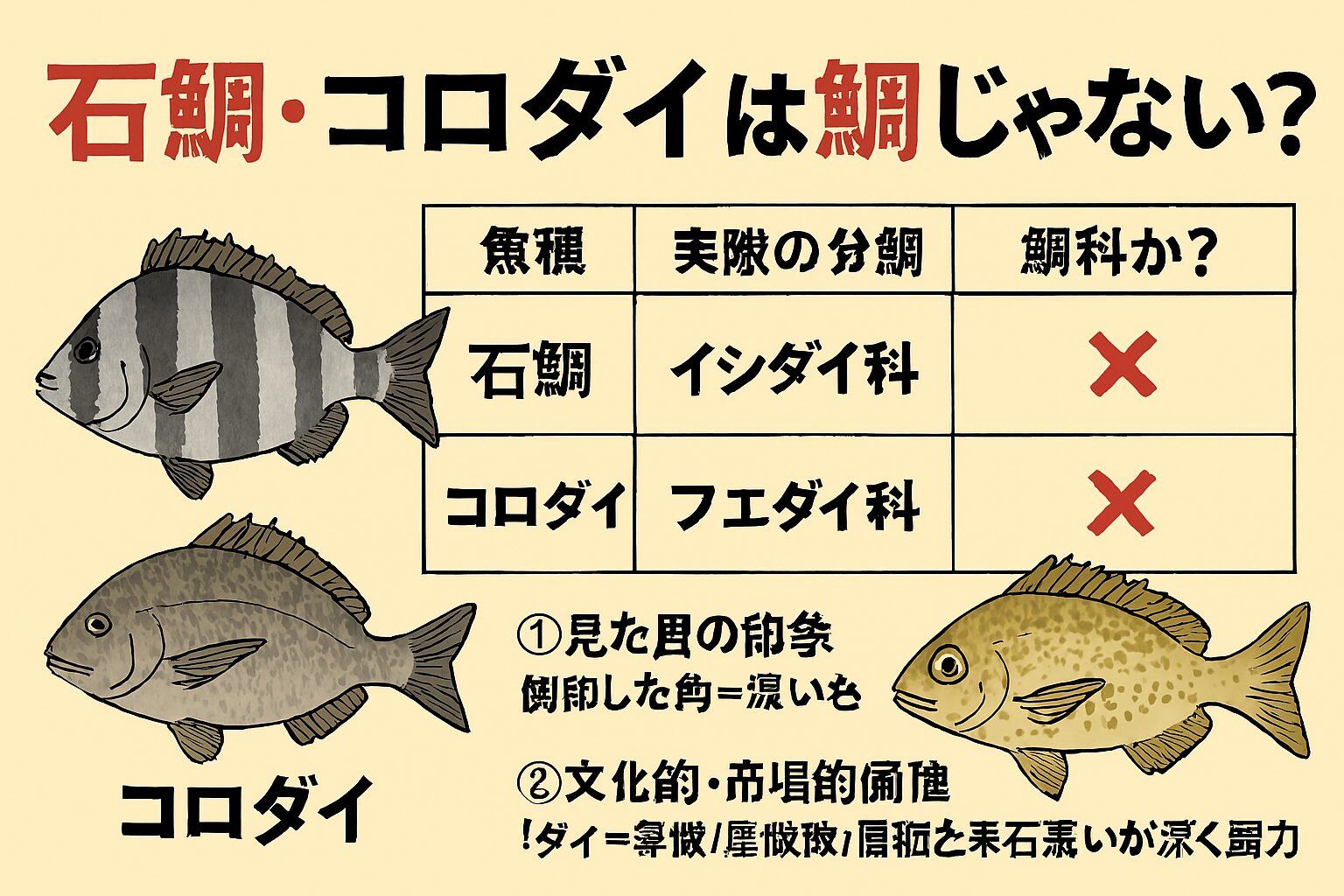 魚の名前は分類だけでなく、文化・市場・釣り人心理が複雑に絡み合っている。 「タイ」と名がついていても、それが“本物の鯛”とは限らない。釣太郎