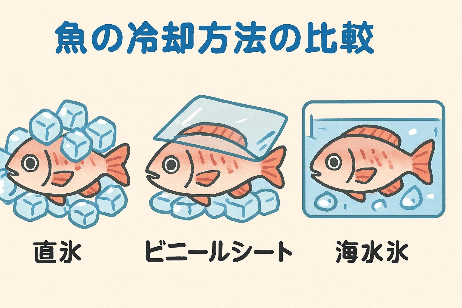 魚と氷の間にビニールシートを挟むことで、直接接触を避けつつ冷却する方法。釣り人や料理人の間で注目されている。釣太郎