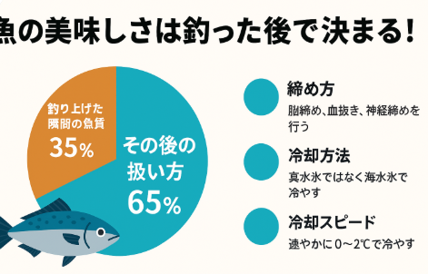 釣り上げた瞬間の魚の質 → 35％のみ。その後の扱い方 → 65％（ 締め方 → 30％、 氷の種類 → 20％冷却スピード → 15％）。「魚の美味しさの2倍近くは釣った後の処理で決まる」釣太郎