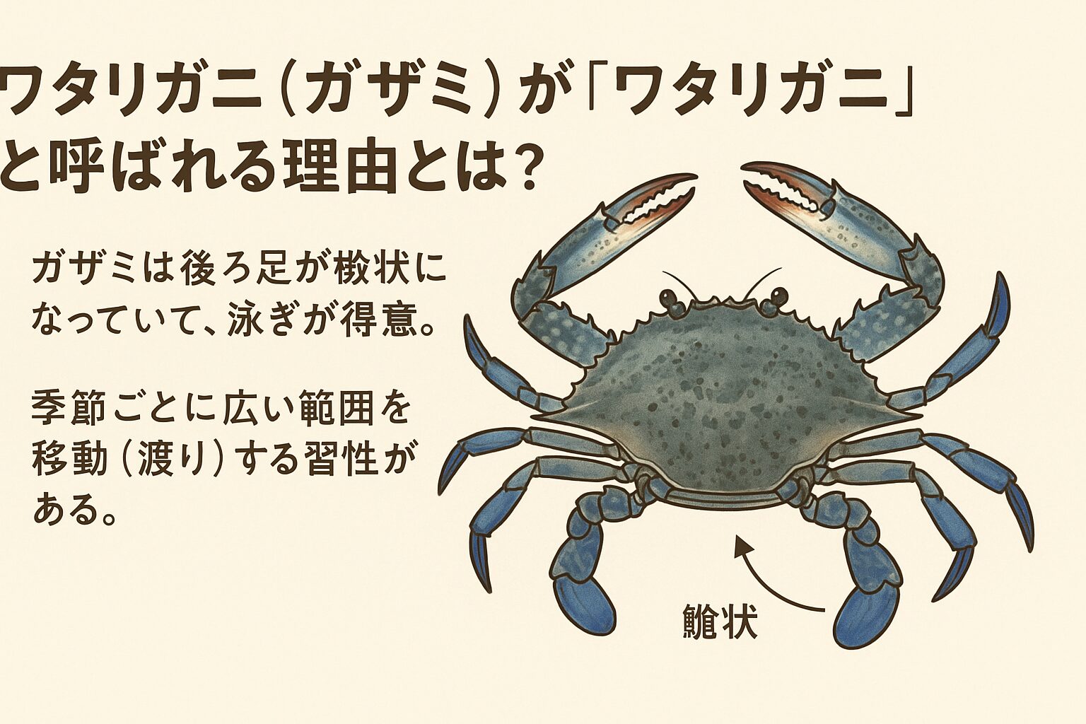 ガザミが「ワタリガニ」と呼ばれる理由は「泳ぐ能力」と「移動性」に由来しています。釣太郎