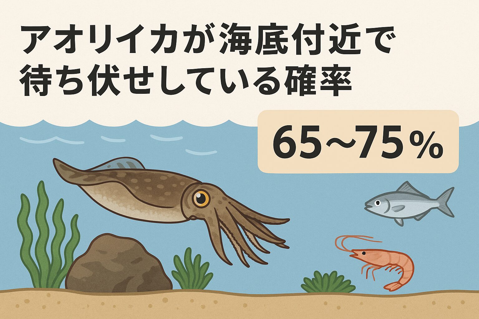 アオリイカは約65〜75%の確率で海底付近に待機しています。釣太郎