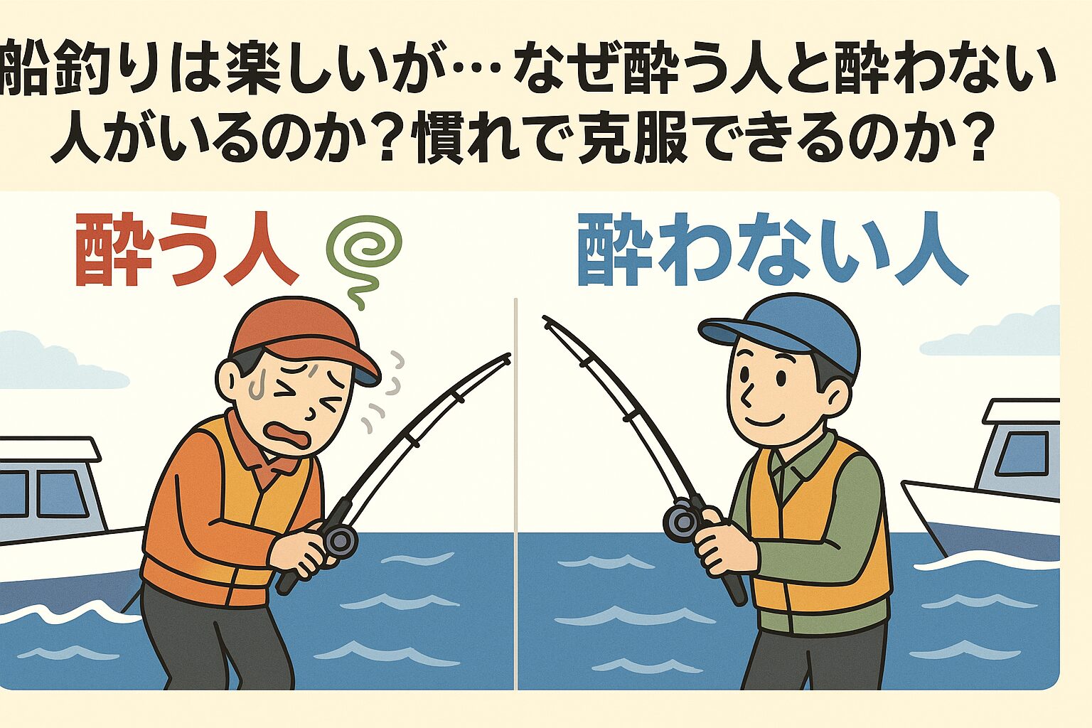船に酔う人と酔わない人の違いは、三半規管の感度・体調管理・視線の使い方・経験量によって生まれます。釣太郎