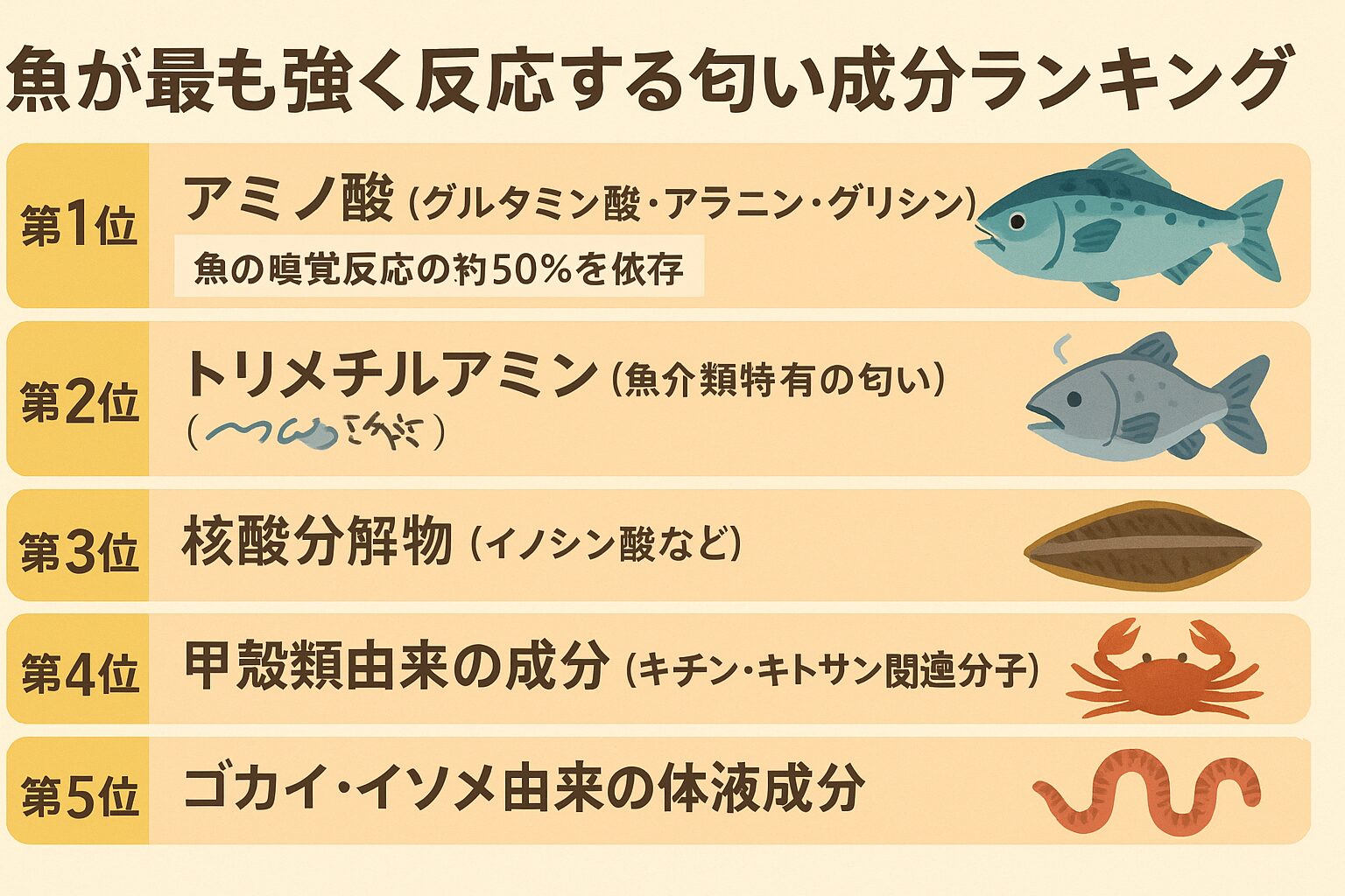 魚が最も強く反応する匂いは アミノ酸がダントツ1位。次いで魚介類の体液や核酸分解物、甲殻類やゴカイの匂いが続きます。釣太郎
