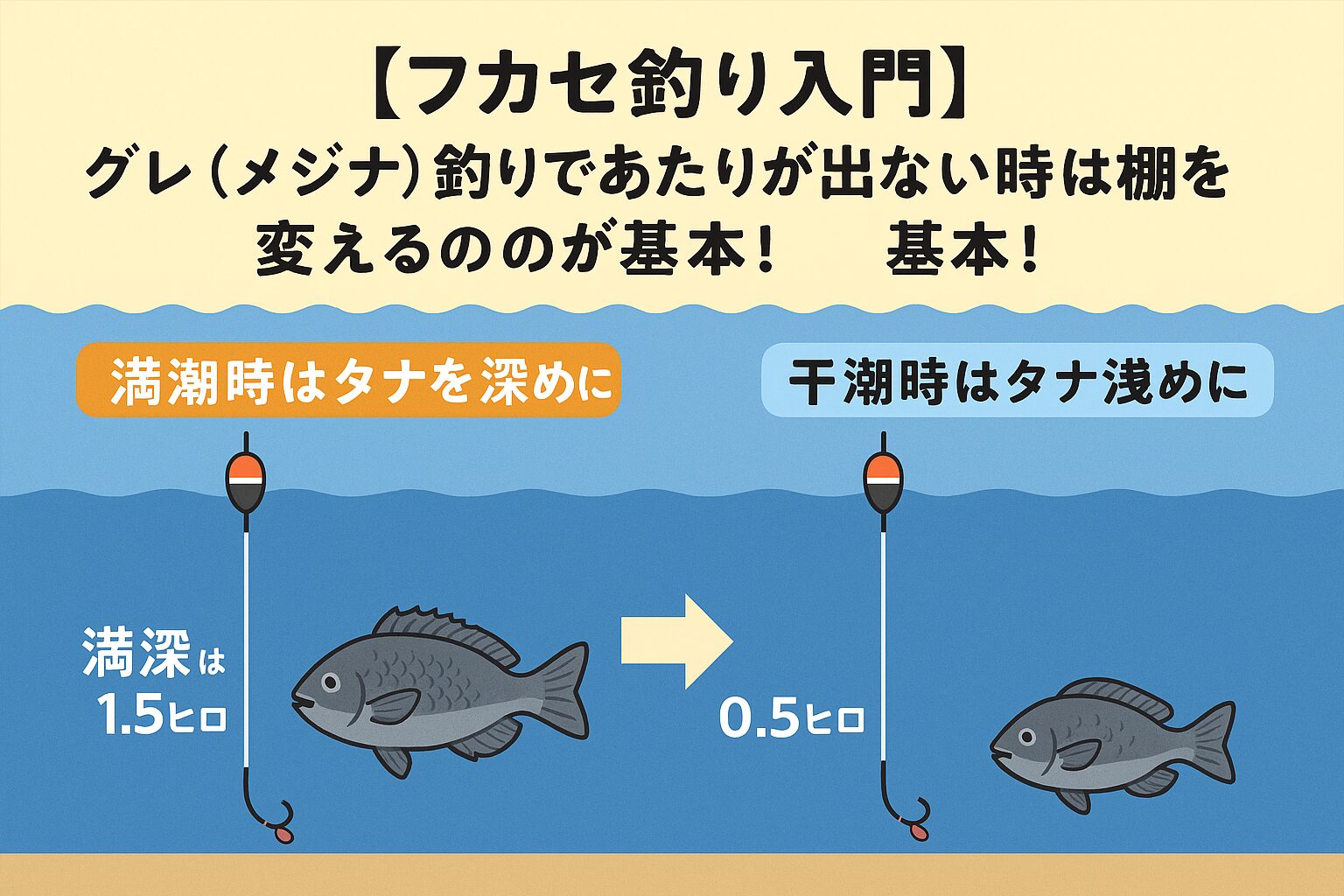 あたりがない時はタナを変えるのが基本中の基本 ・満潮時は深め、干潮時は浅めを意識 ・0.5ヒロ単位で細かく調整するのが鉄則 ・グレの回遊層を探り、コマセと同調させることが重要。 フカセ釣りは「タナを制する者が釣果を制す」と言われるほど、ウキ下の調整が命です。釣太郎