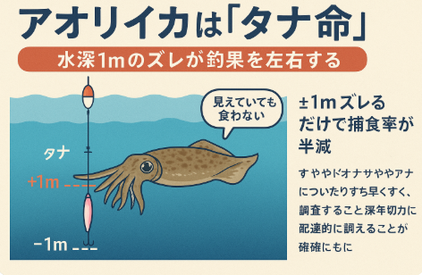 アオリイカは極めてタナ依存度が高く、わずか±1mのズレで捕食率は半減します。 釣果を上げる最大のカギは、タナを正確に合わせること。釣太郎