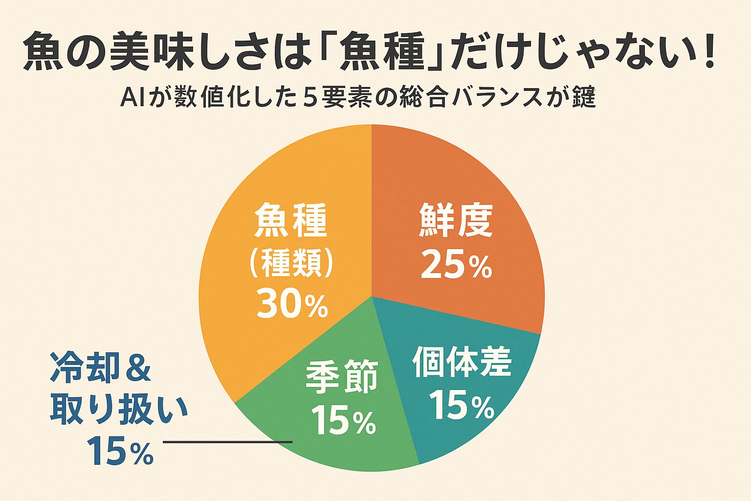 AIの結論：魚種は3割、残り7割は釣り人次第 数値で見ると、魚種は美味しさ全体の30％に過ぎません。 残りの70％は鮮度・個体差・季節・冷却・取り扱いで決まります。釣太郎