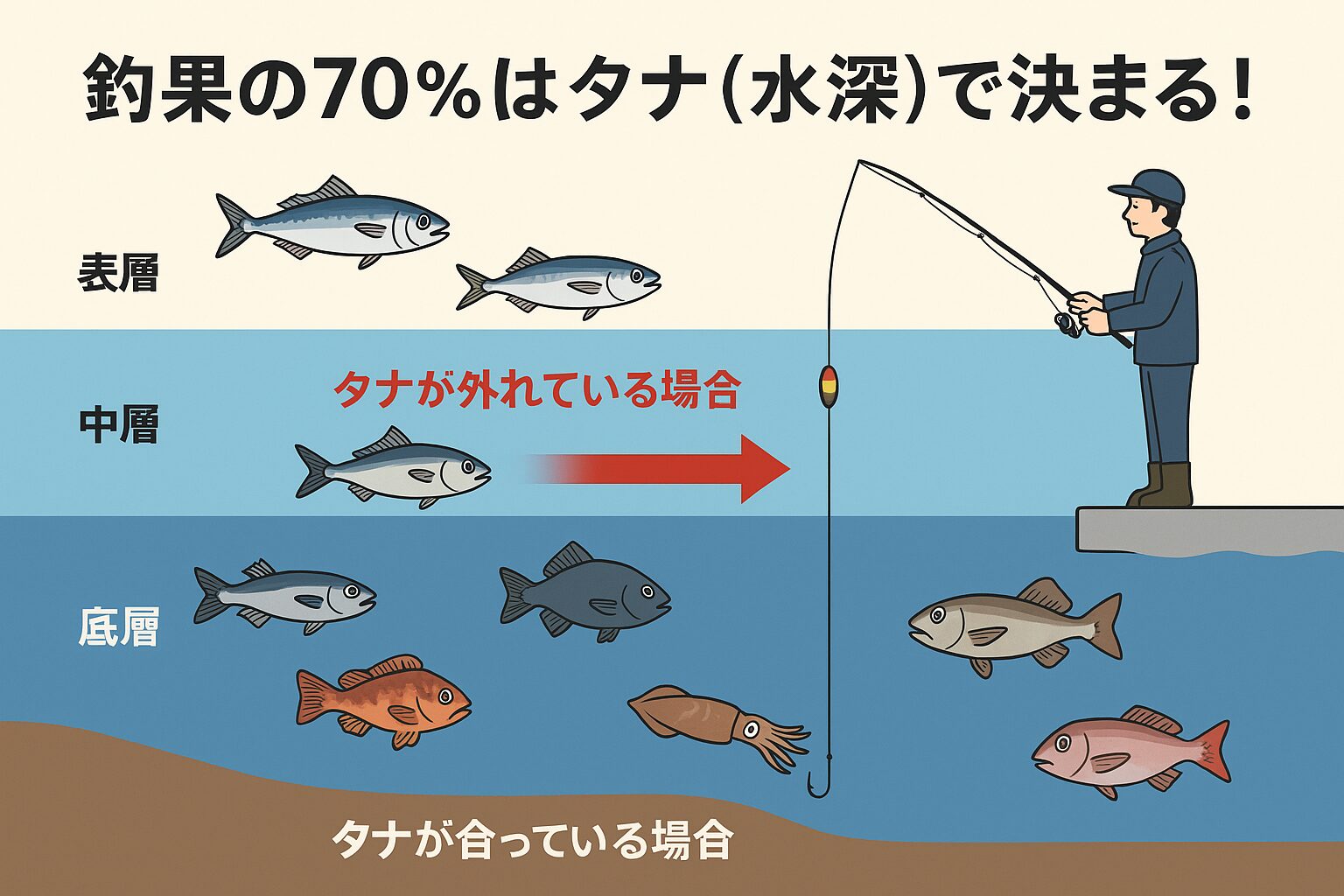 釣りにおいて大切なのは「魚のいる高さを見つける」こと。タナを合わせられるようになれば、釣果は一気に安定。釣太郎
