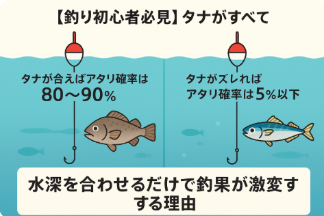 釣りは「タナがすべて」と言えるほど重要。タナが合えばアタリ確率は80〜90％。タナが外れればアタリ確率は5％以下。釣太郎