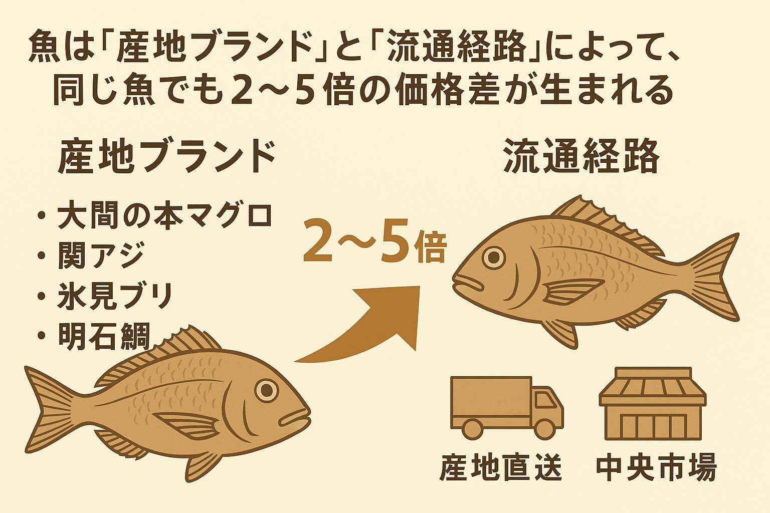産地直送は鮮度が良い分高価、市場経由は安価だが鮮度に課題。結果として、同じ魚でも 2〜5倍の価格差 が生まれる。釣太郎