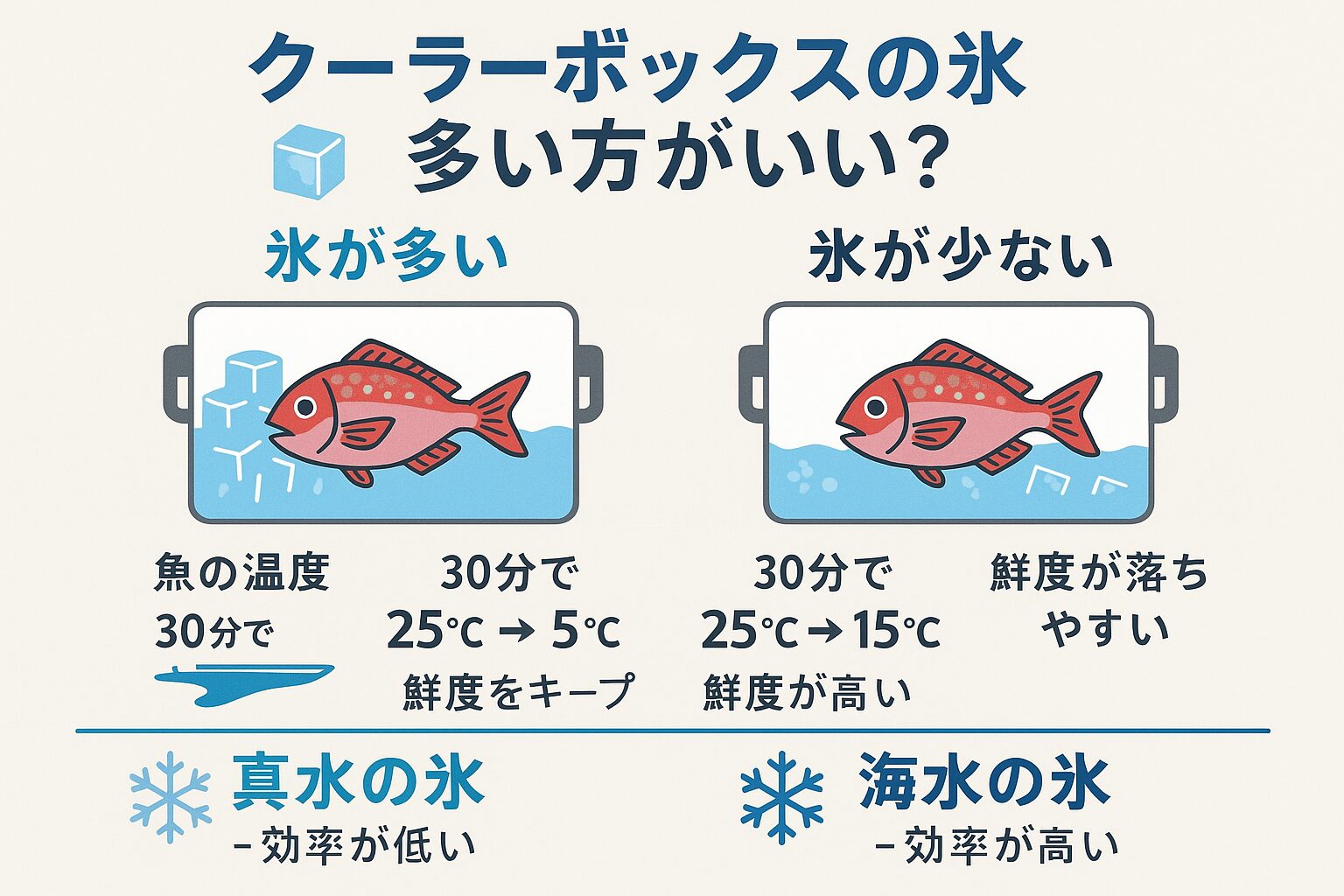 氷の量と種類が魚の鮮度を左右する・氷が多ければ魚はすぐ冷え、長時間鮮度をキープできる。氷が少なければ中心温度が下がらず、腐敗リスクが高まる。釣太郎