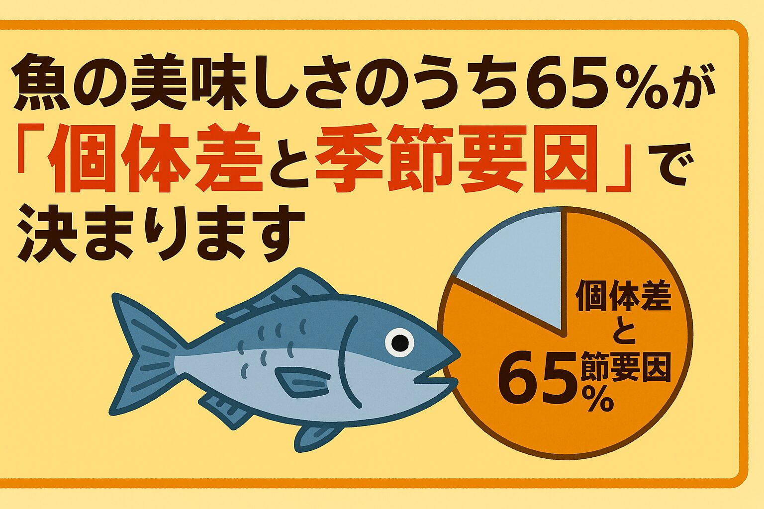 魚の美味しさは、個体差（40％）、季節要因（25％）、が全体の65％を占め、鮮度だけでは決まらない。釣太郎