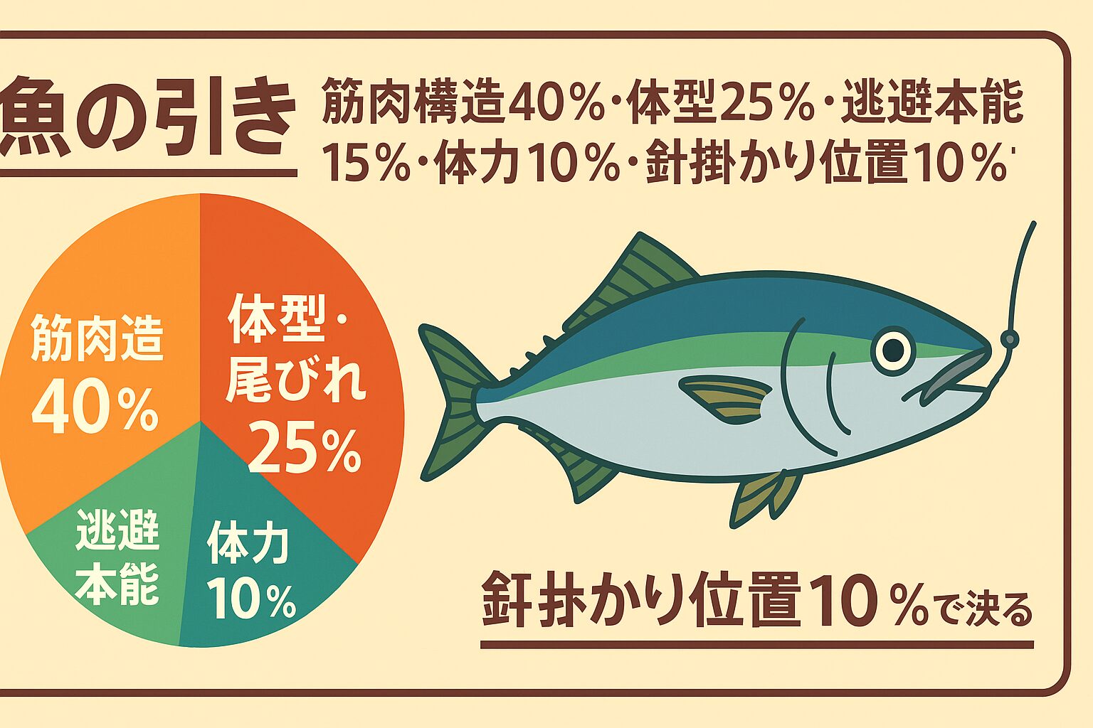 魚の引きは 筋肉構造40%・体型25%・逃避本能15%・体力10%・針掛かり位置10% で決まる。釣太郎