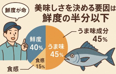 魚の美味しさに対する鮮度の影響は約40%
。うま味成分や脂質が約45%を占める最大要因。食感も15%を占め、総合的に味を決定する。釣太郎