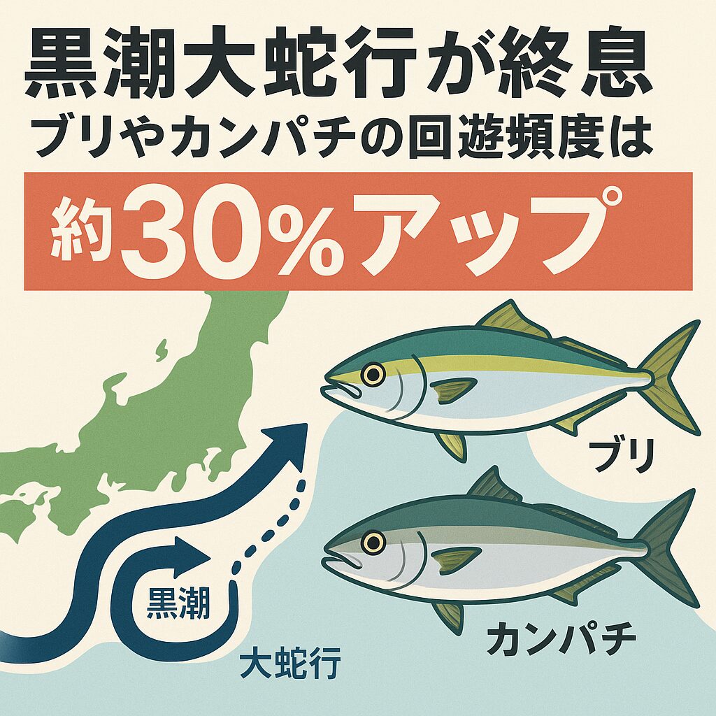 黒潮大蛇行が終息 → 沿岸水温回復 → 魚の接岸が増える・AI試算ではブリ・カンパチの回遊頻度が約30％アップ。釣太郎