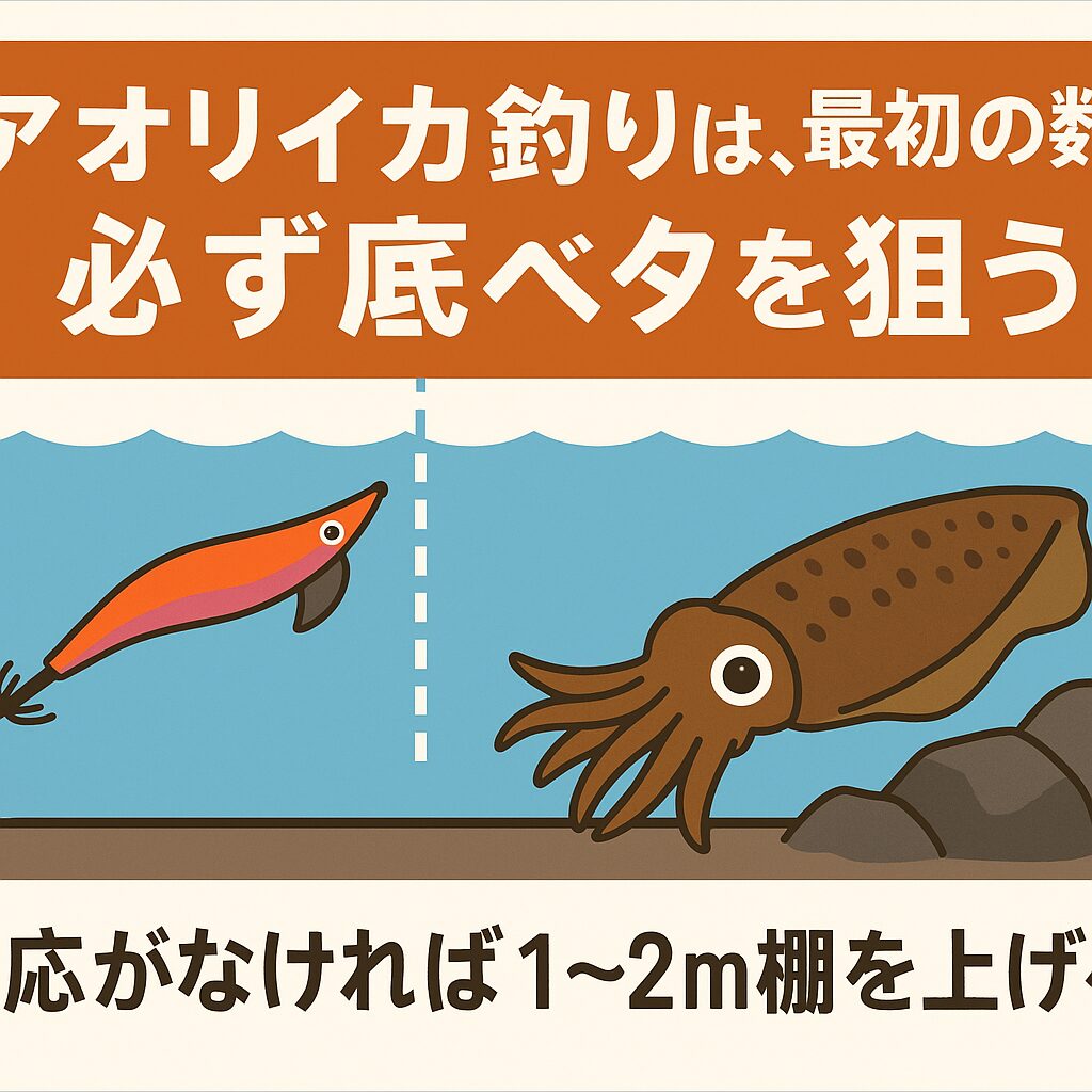 アオリイカ釣りは、最初の数投は底ベタ狙いが鉄則。理由はアオリイカの生態・餌分布・環境安定性にある。エギング・ウキ釣り・ヤエン釣り全てに共通する基本戦略。無反応なら棚を1〜2m上げて広範囲を探る。釣太郎
