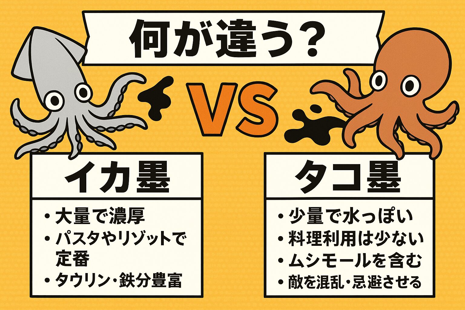 イカ墨は「濃厚で大量」、タコ墨は「少量で水っぽい」。防御戦略も異なり、イカは煙幕型、タコは忌避型。釣太郎
