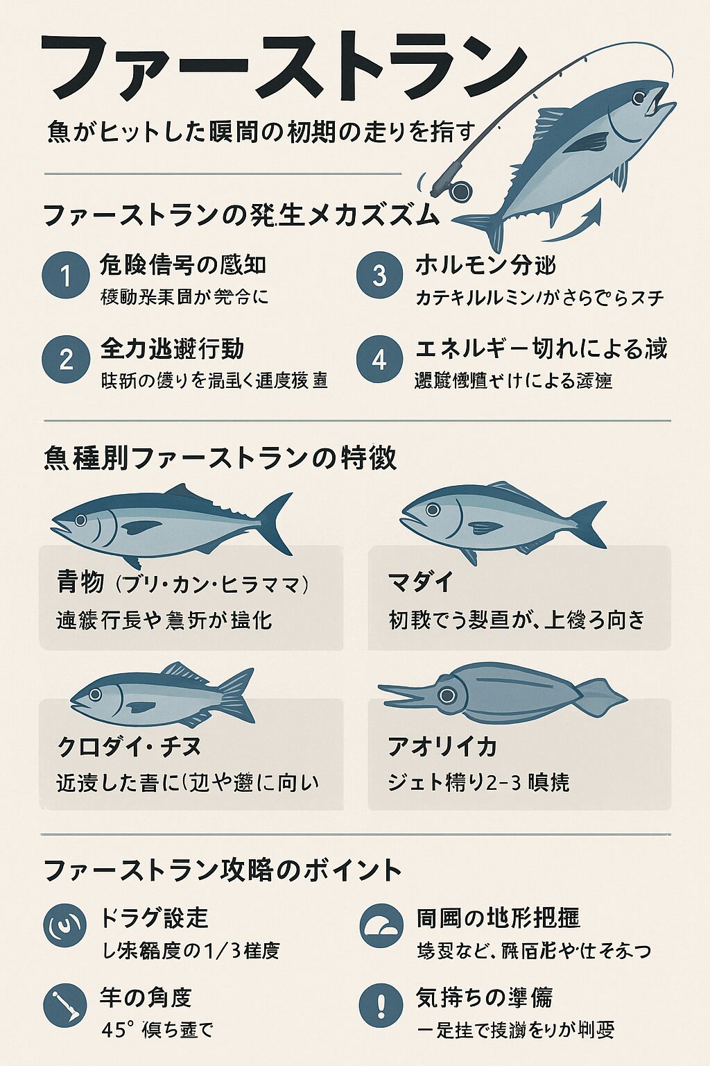 ファーストランは魚の生存本能による全力逃避行動であり、釣りの醍醐味そのものです。釣太郎