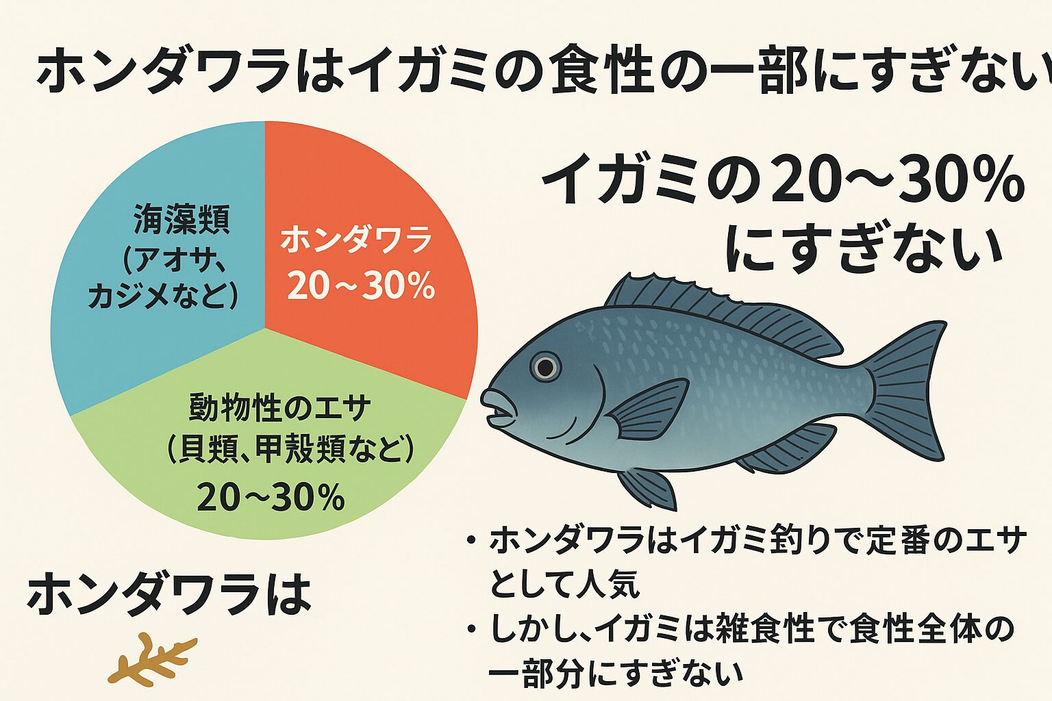 「ホンダワラ」は確かに人気で効果のあるエサですが、それはイガミの全体食性の 20〜30％程度にすぎません。釣太郎