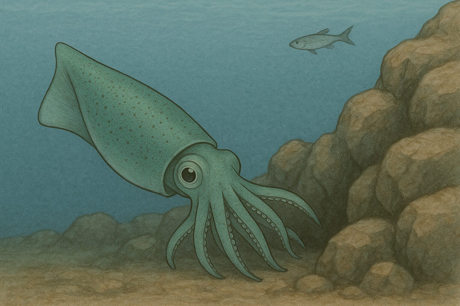 アオリイカは「海底付近で陣取り、岩陰に隠れて上方の獲物を狙う」習性を持っています。釣太郎