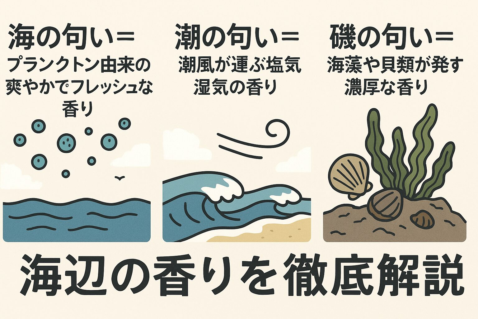 海の匂い＝DMS由来の爽やかでフレッシュな香り・潮の匂い＝潮風が運ぶ塩気と湿気の清涼な香り・磯の匂い＝海藻や貝類が発する濃厚な香り.釣太郎
