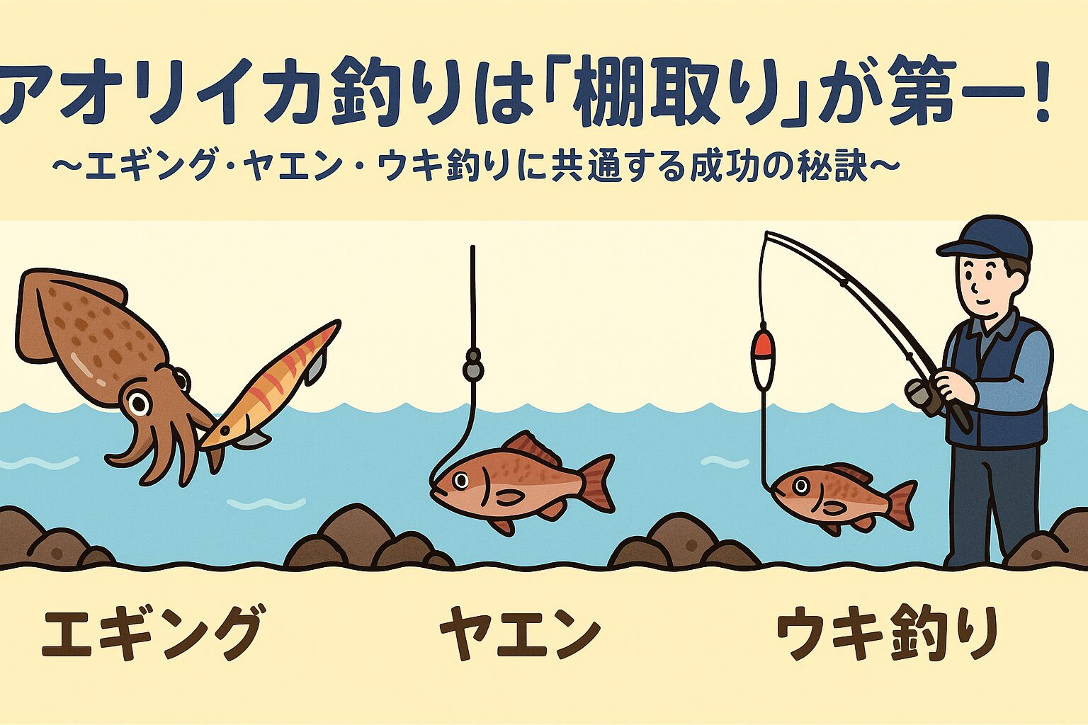 アオリイカ釣りにおいて「棚取り」はすべての釣法に共通する最重要要素。エギング → 着底確認とレンジ管理がカギ。 ヤエン → アジをボトム付近に泳がせる工夫が必要。ウキ釣り → ウキ下調整でヒットレンジを探る。釣太郎