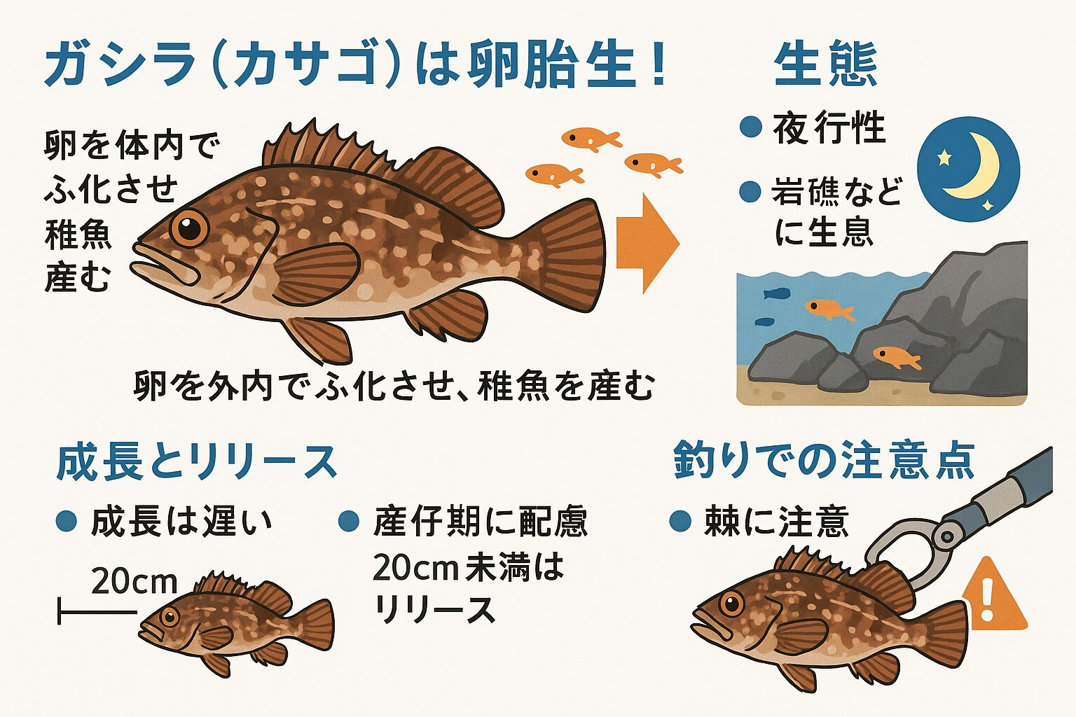 ガシラ(カサゴ)は、堤防や磯で手軽に狙える人気の根魚ですが、その生態は驚きに満ちています。卵胎生という珍しい繁殖方法。成長が遅く、大型は非常に貴重。夜行性で根に潜む習性。釣太郎