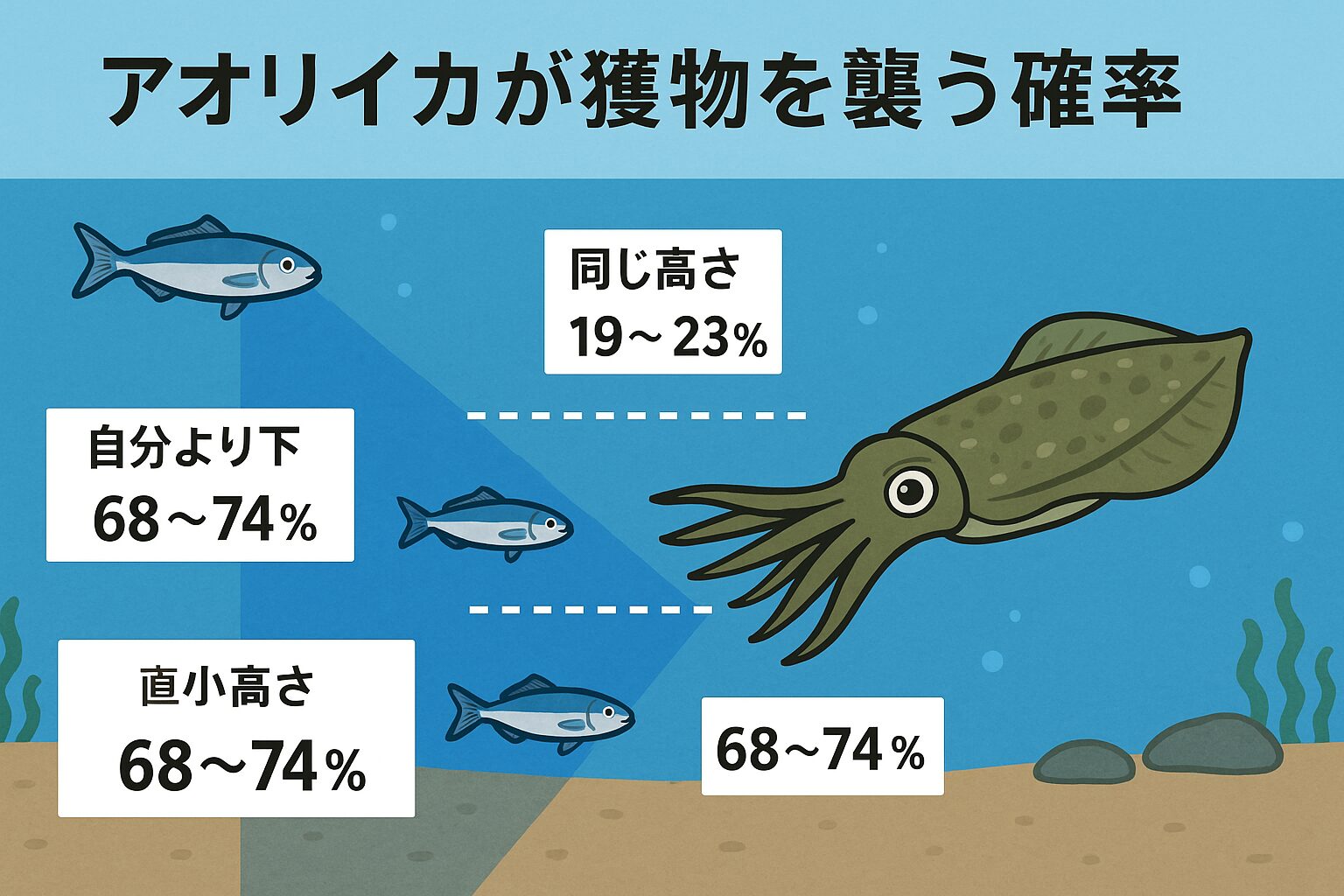 アオリイカは「下 → 同じ高さ → 上」の順で狙う傾向が強く、特に底寄りのエサに強く反応する生き物です。この習性を理解してタナを底付近に合わせれば、ヒット率は確実に上がります。釣太郎
