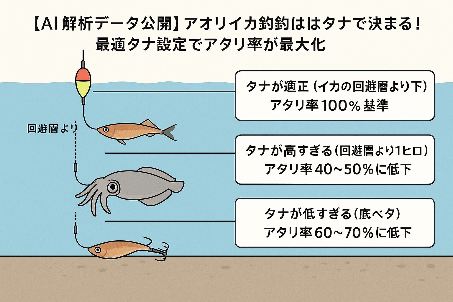 AI解析データが示すように、タナが適正ならアタリ率は100％基準で期待できますが、 高すぎると半減、低すぎても3割減という結果が出ています。釣太郎