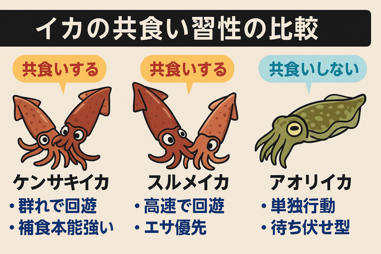アカイカやスルメイカが共食いをするのは、群れで行動し、捕食本能が非常に強いからです。 一方、アオリイカは単独行動が多く、同種を狙う習性がほぼありません。釣太郎