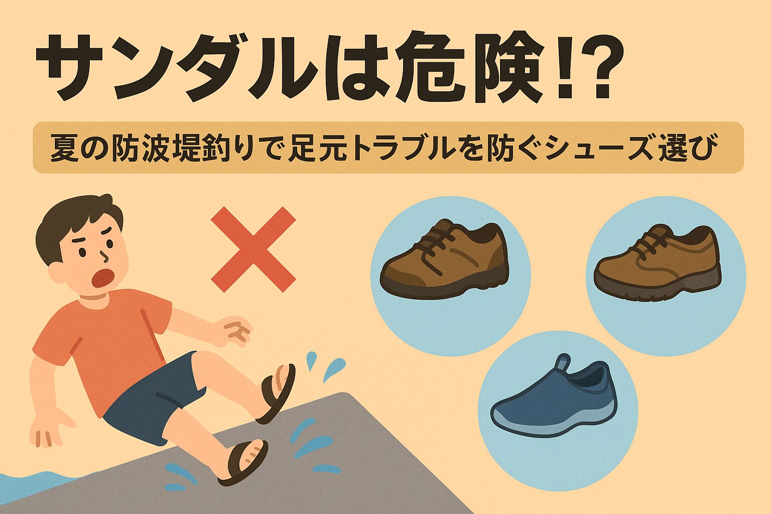 防波堤釣りは手軽に楽しめますが、足元の安全対策を怠ると大きな事故につながります。
・サンダルは滑りやすく、怪我のリスクが高い・釣り用シューズやマリンシューズを選ぶことで安全性が向上
・子供連れの場合は特に足元の保護が重要。釣太郎
