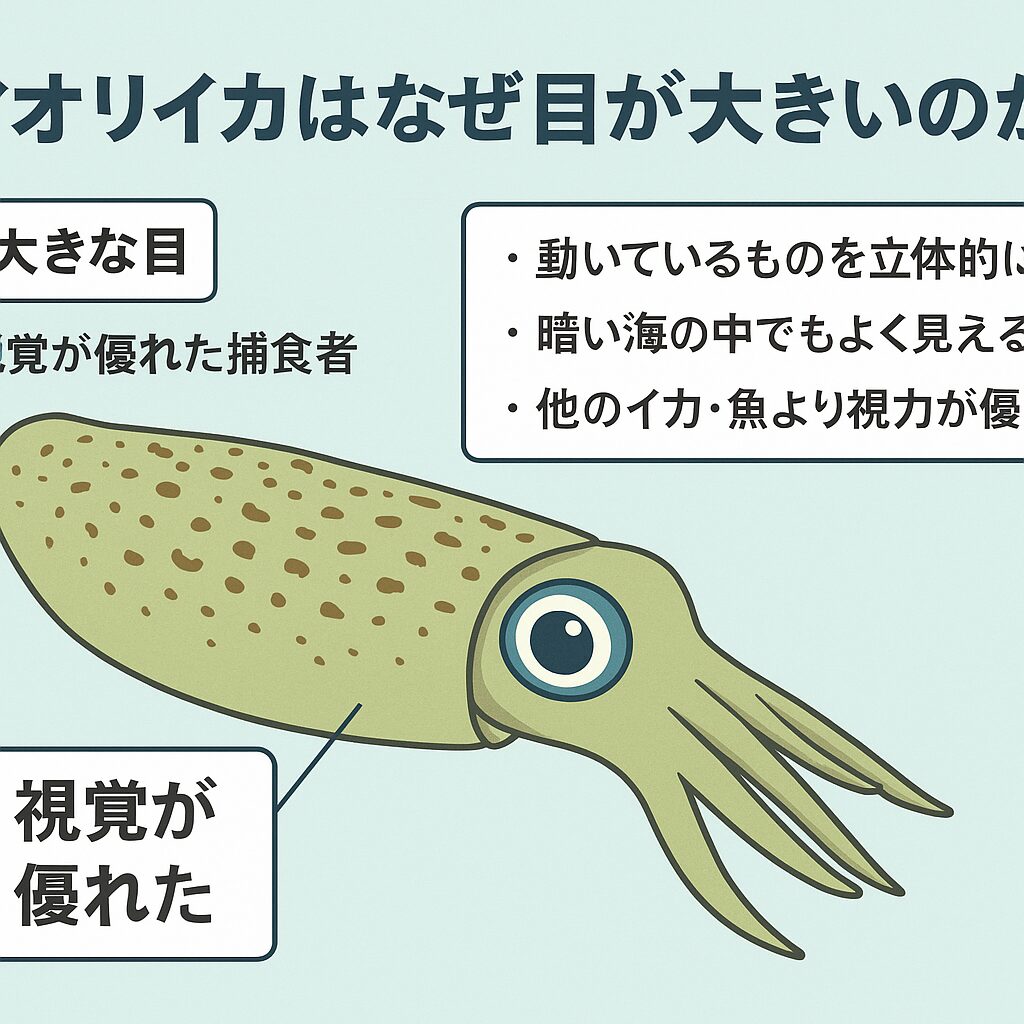 アオリイカの大きな目は、光を効率よく取り込み、暗い海でも小さな獲物を正確に捉えるための進化の結果。釣太郎