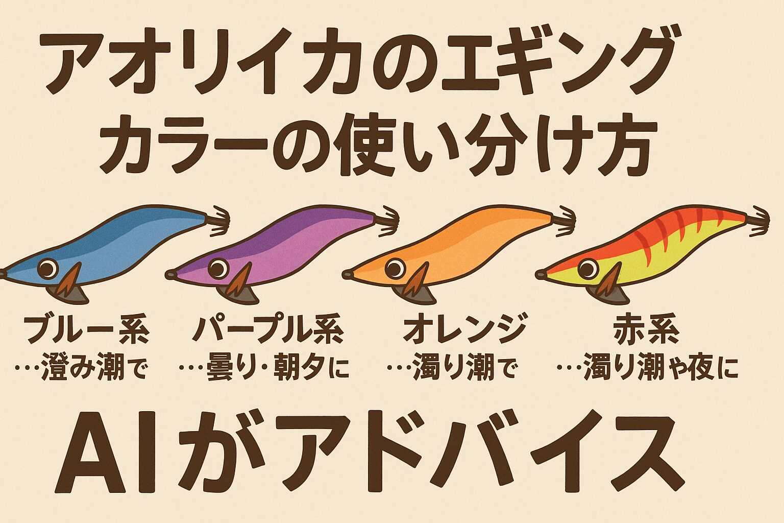 アオリイカは水中の光の届き方と波長感知能力に影響を受けて色を認識する
澄み潮=ナチュラル系、濁り潮=アピール系が基本セオリー
光量・時間帯・プレッシャーで適宜ローテーションすることが釣果UPの鍵。釣太郎