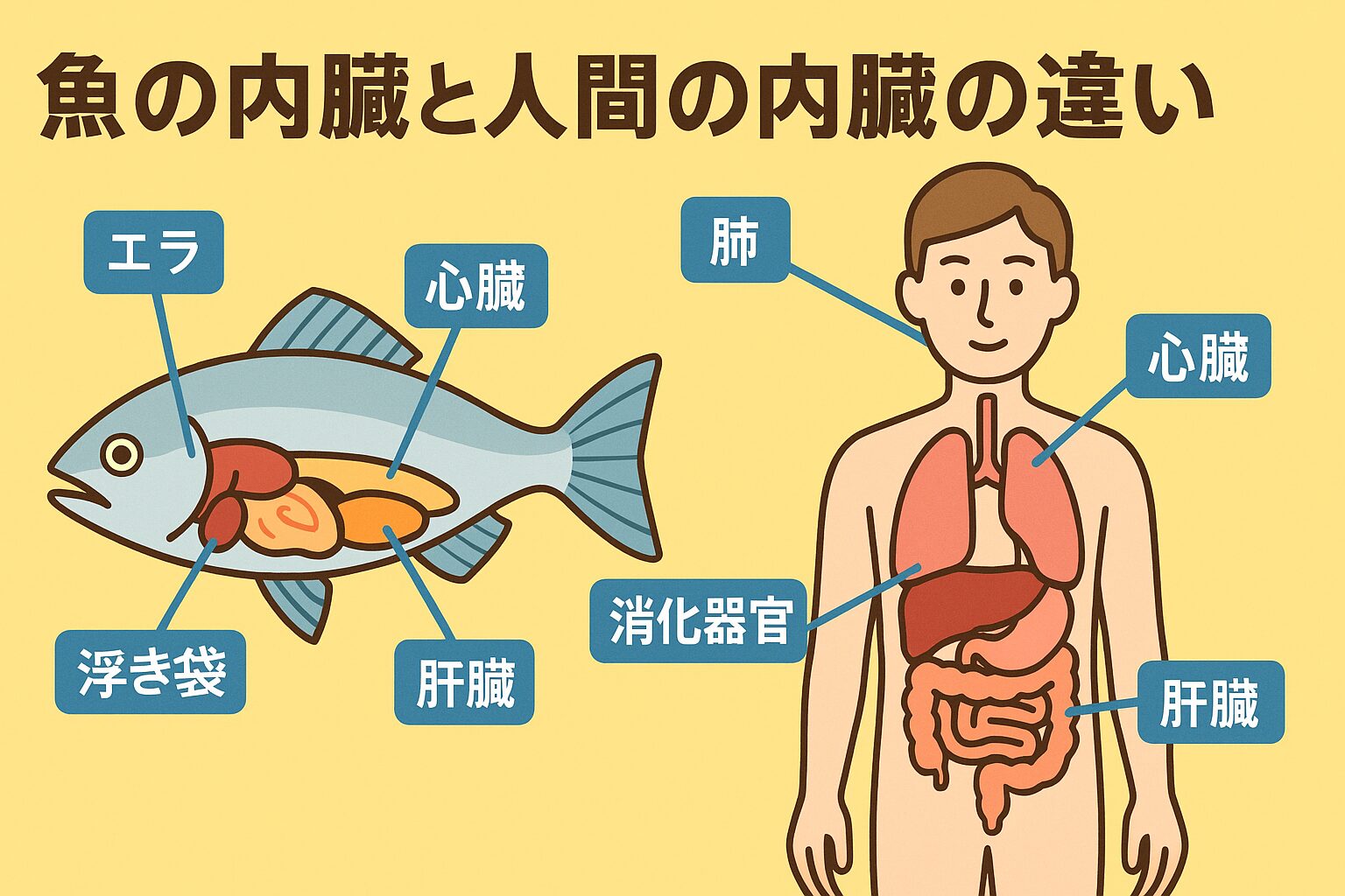 魚の内臓は、人間と比べて・呼吸器(エラと肺)・心臓の構造・浮き袋の有無といった大きな違いがあります。釣太郎