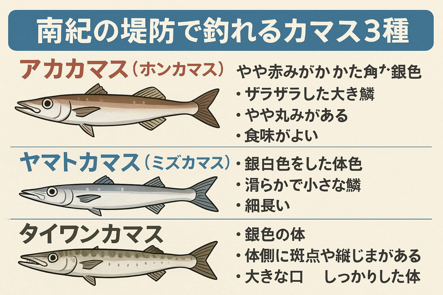 南紀で釣れるカマスは アカカマス・ヤマトカマス・タイワンカマスの3種。
見分け方は 鱗の質感・体の形・斑点の有無。釣太郎