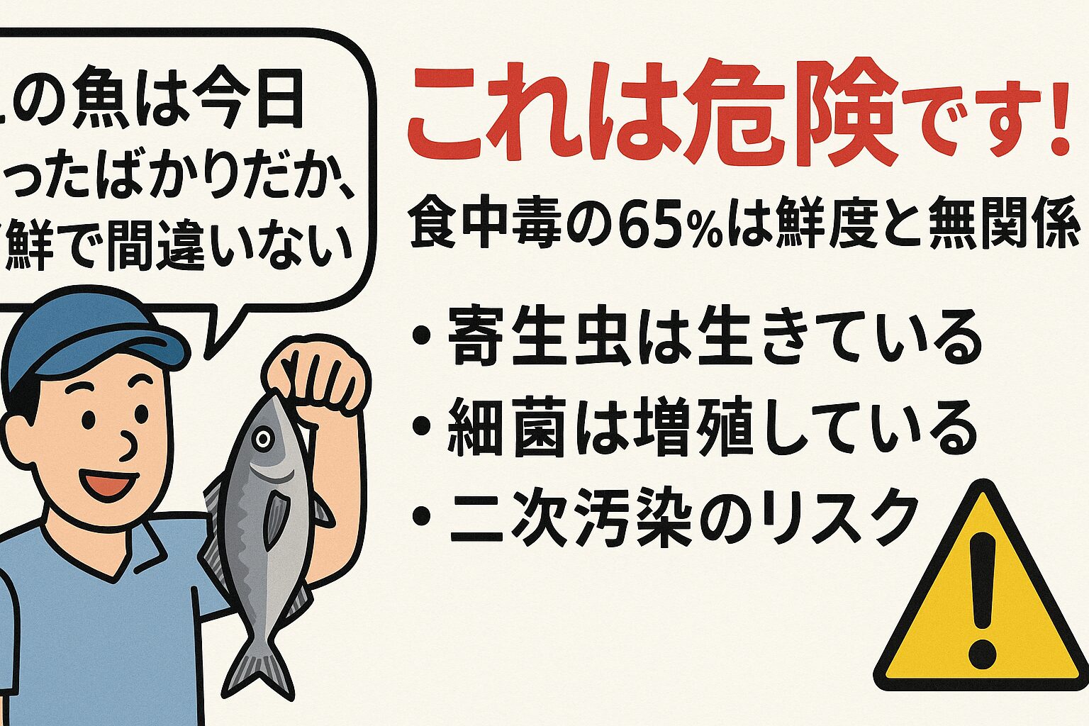 「今日釣った魚だから新鮮で安全」という思い込みは、釣り人にとって危険な落とし穴です。鮮度が高くても、寄生虫や特定の細菌、二次汚染のリスクは確実に存在します。釣太郎