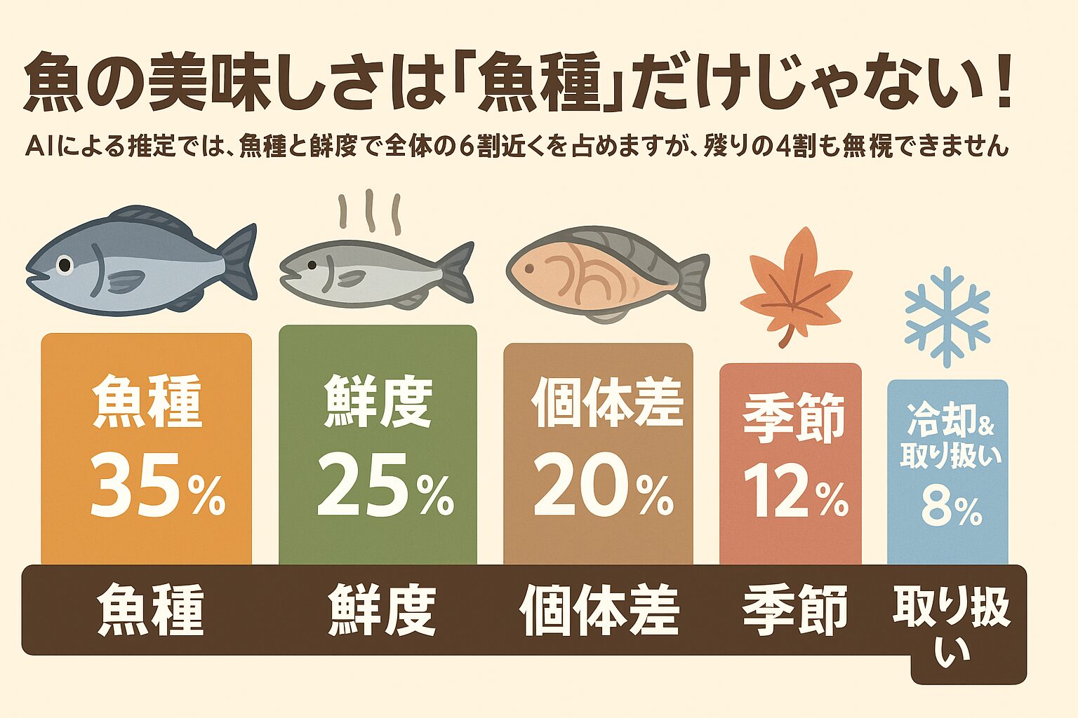 魚の美味しさは「魚種」が基礎を作り、「鮮度」が旨味のピークを決めます。 しかし残りの個体差・季節・冷却＆取り扱いも合わせて考えることで、本当の意味での「最高の一口」に近づけます。釣太郎