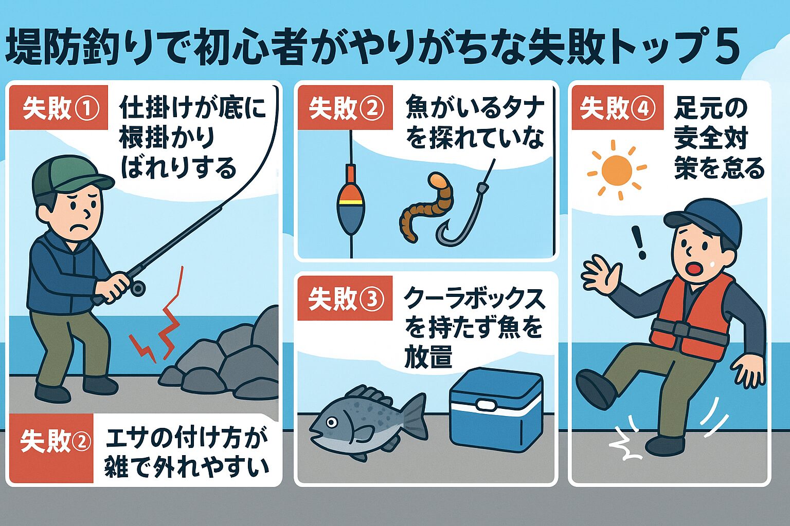 【堤防釣り】初心者がやりがちな失敗トップ5｜釣果ゼロを回避するための必須知識。釣太郎
