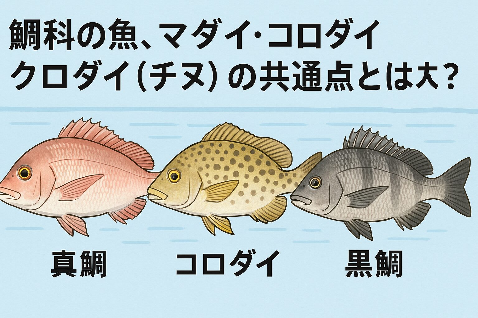 マダイ・コロダイ・黒鯛は見た目や大きさが異なるものの、 同じ鯛科として体型・歯の構造・生息環境・食性に多くの共通点があります。釣り初心者へのアドバイス 共通して警戒心が強いため、仕掛けやエサの自然な演出が重要。 潮の流れがあるポイント、底質が変化する場所が狙い目です。硬い口を貫通させるため、針はやや鋭く頑丈なタイプを選びましょう。釣太郎