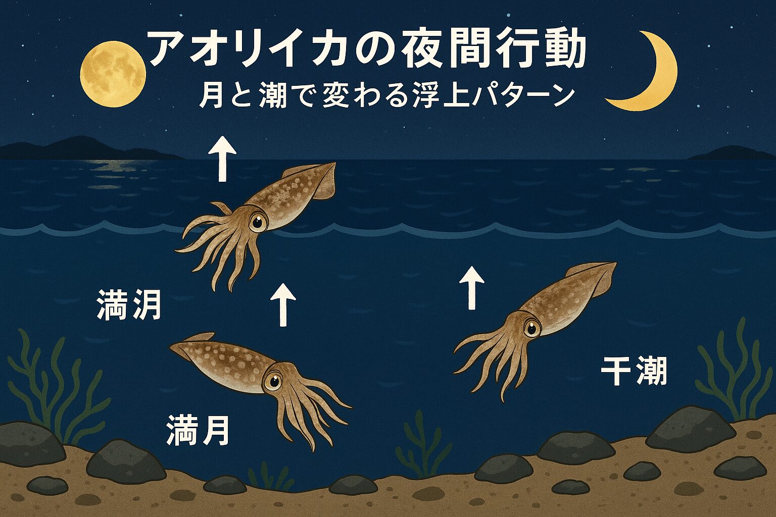 アオリイカは「夜行性のハンター」と呼ばれるほど、夜間に活発になります。釣太郎