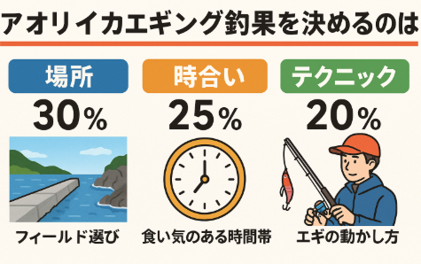 アオリイカエギングの釣果を決めるのは、場所（30％）時合い（25％）テクニック（20％）この3つだけで 75％以上 を占めます。釣太郎