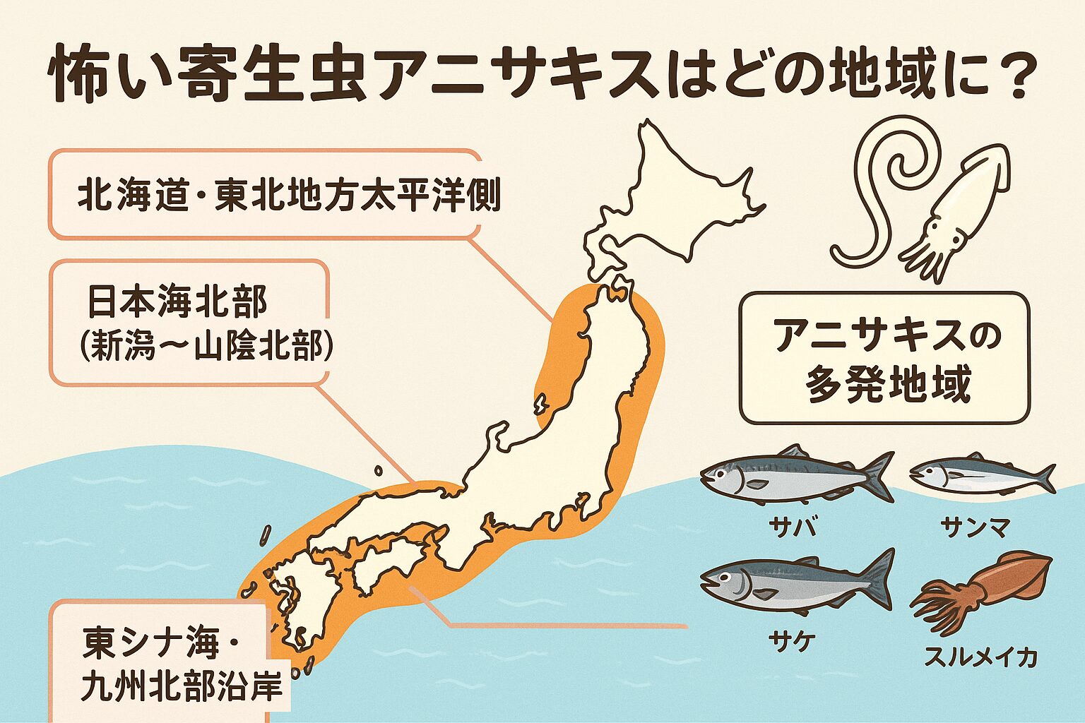 寄生虫アニサキスは、北海道〜東北、日本海北部、九州北部の沿岸地域で特に発生率が高いことがわかっています。 しかし、暖流域でも回遊魚を通じて持ち込まれるため、地域を問わず注意が必要です。釣太郎