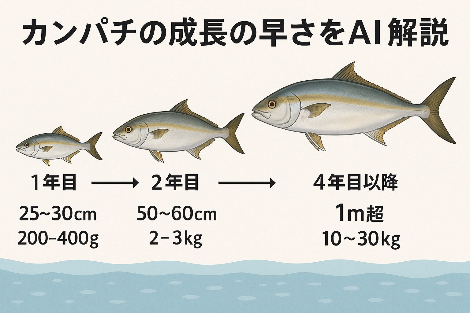 カンパチは“速成型”のモンスター。1年で30cm、3年で80cm、4年で1m超え 成長スピードはブリと並ぶほど早い。釣太郎